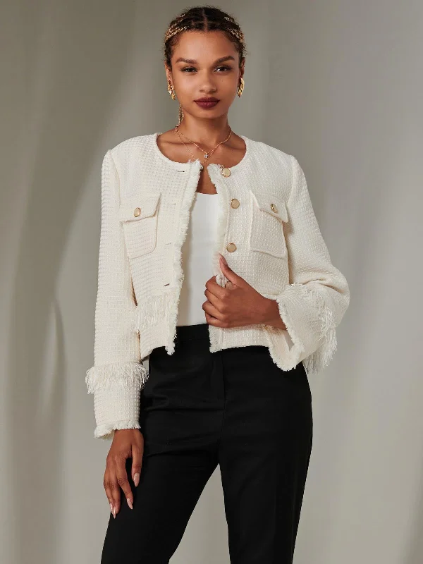 Tweed Fringe Hem Jacket, Cream Artistic Women's Avant - 