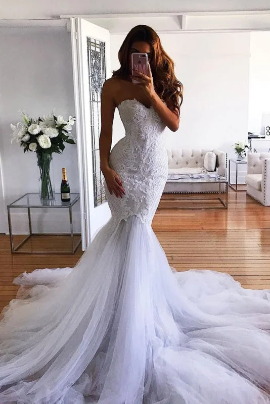 White Mermaid Sweetheart Sweep Train Tulle Lace Appliqued Wedding Dress Traditional Women's 