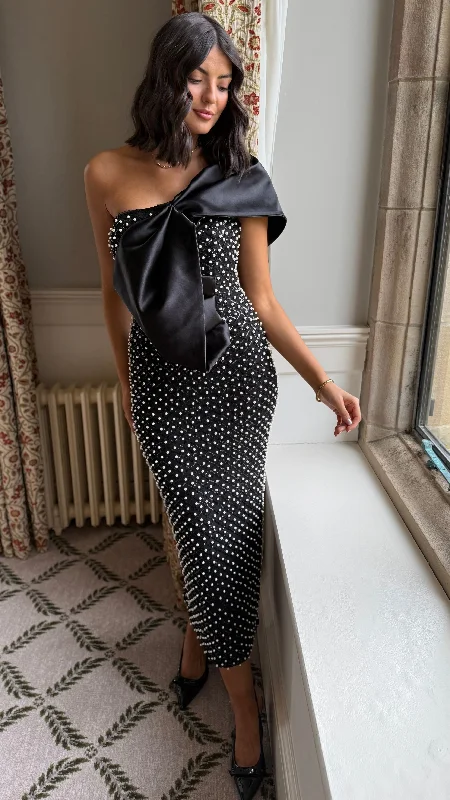 Maybelle Black Large Bow Detail One Shoulder Embellished Midi Dress Disco