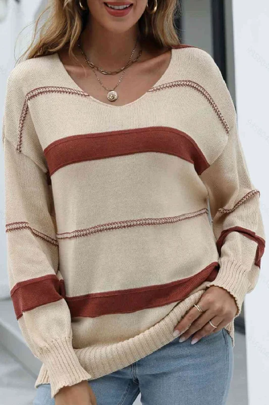 Contrast Long Sleeve Knit Top Casual Women's Japanese 