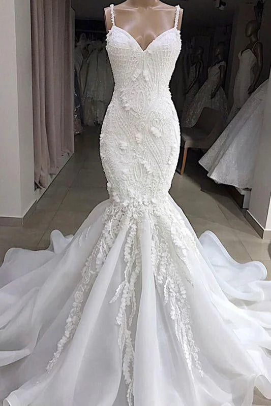 Bridelily Spaghetti Strap Appliques Mermaid Wedding Dress Scandinavian
