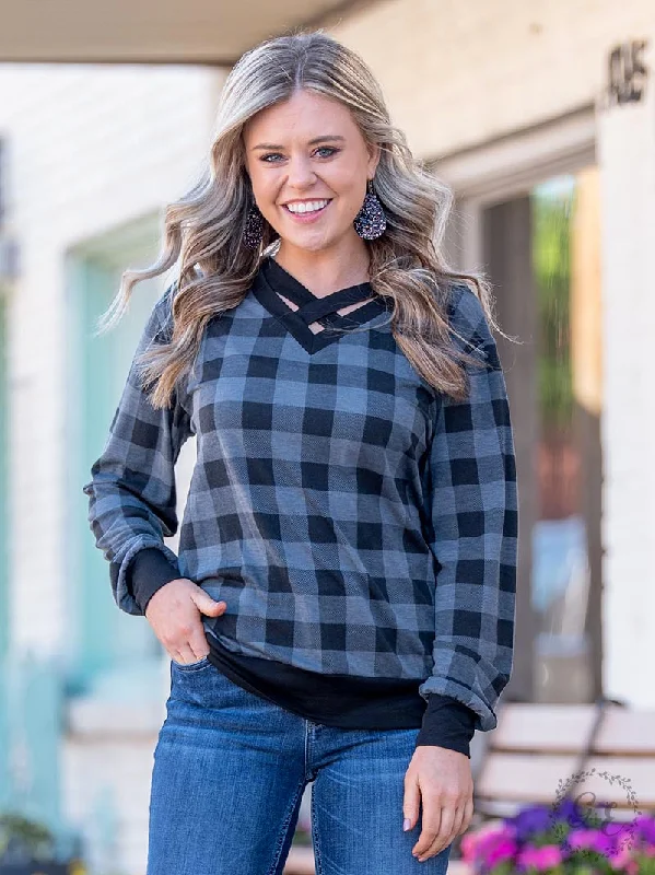 Don't Cross Me Sweatshirt, Grey Plaid Contemporary 