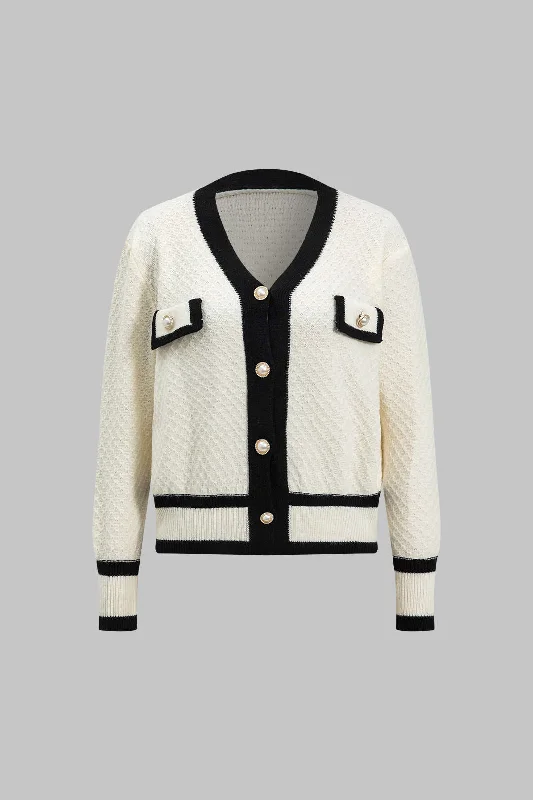 Contrast Knit Button Fake Pocket Long Sleeve Cardigan Refined Women's Classic 