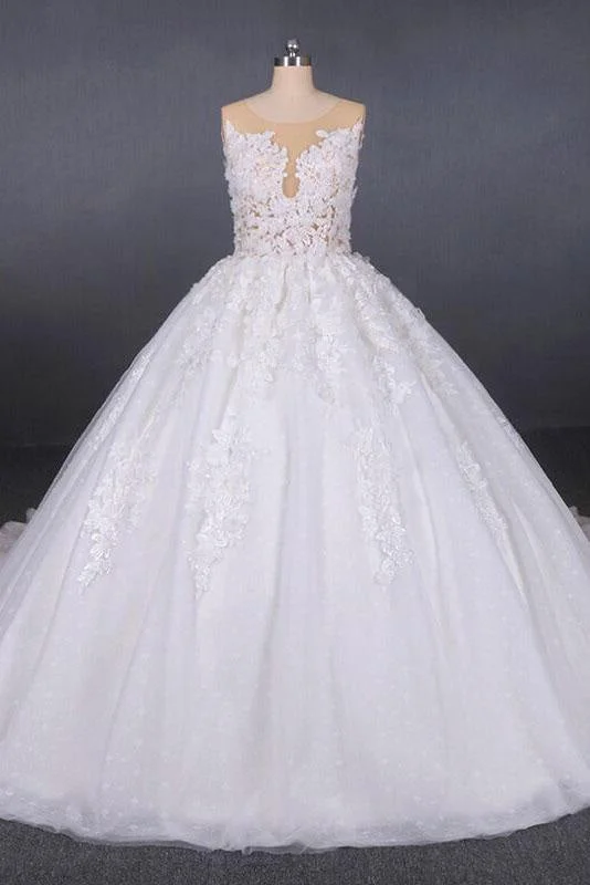 Ball Gown Sheer Neck Sleeveless White Lace Appliqued Wedding Dress Sophisticated Women's Tailored