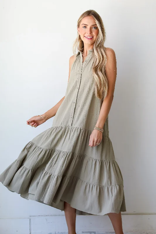 FINAL SALE - Sweet Destiny Light Olive Tiered Midi Dress Cool Women's Skate