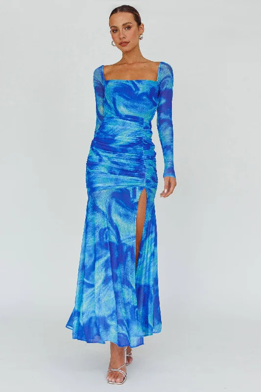 Apryl Long Sleeve Lace-Up Back Maxi Dress Blue Preppy Women's College