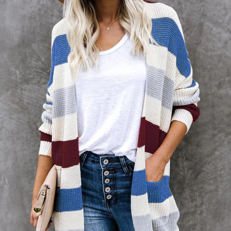 Fashion Long Colorblocked Striped Pocket Knit Cardigan Wholesale Womens Clothing Earthy Women's Hemp - based