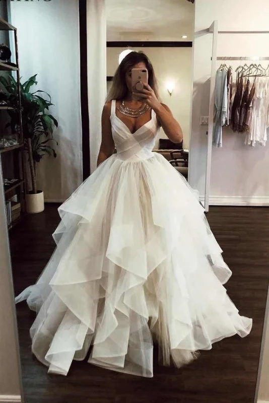 Puffy Straps Long Beach Unique Cascading Ruffles Wedding Dress Polished Women's Silk