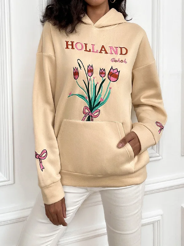 Casual Letter Pocket Long Sleeve Hooded Regular Women Sweatshirt