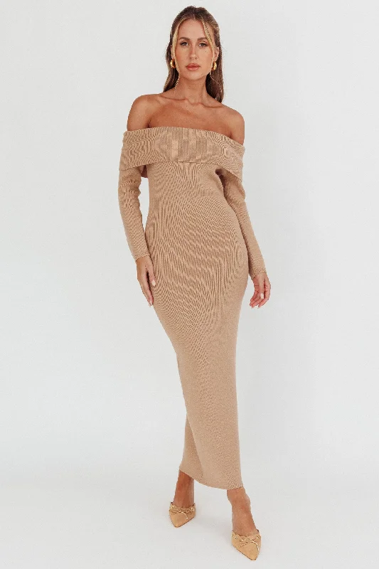 Winter Wonder Off-Shoulder Knit Maxi Dress Mocha Sporty Women's Tennis