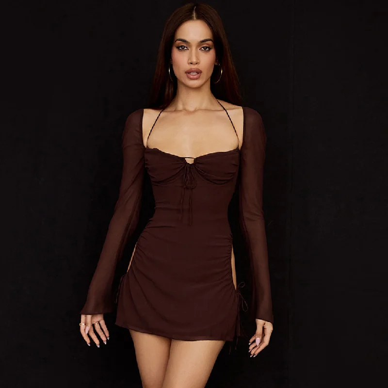 BerryBetty - Halter Tie Strap Ruched Cut Out Club Mini Dress - Chocolate Modern Women's 