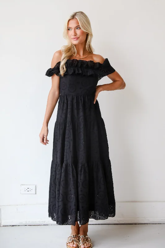FINAL SALE - Lush Loveliness Black Eyelet Tiered Midi Dress Vintage Women's 1970S 