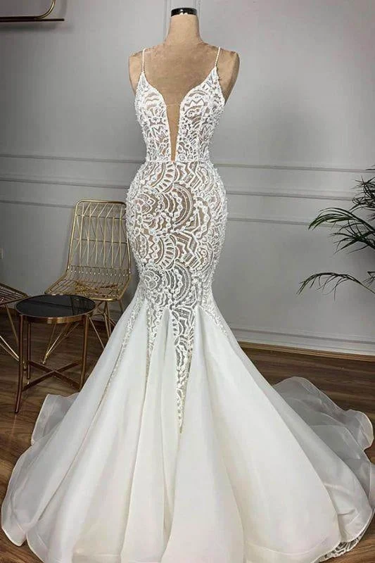 Bridelily Gorgeous Beaded Lace Organza Mermaid Wedding Dress Feminine Women's Style 