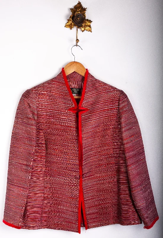 The Thai Shop Pure Silk Jacket Red and Cream Stripe Size L Classic Women's Pin - striped The Thai Shop Pure Silk Jacket Red and Cream Stripe Size L Classic Women's Pin - striped