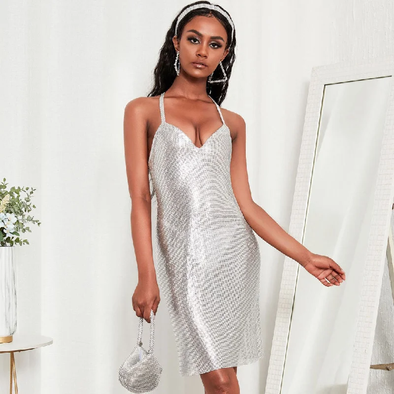 BerryBetty - Sparkling Sleeveless Crisscross Open Back Party Mini Dress - Silver Vacation BerryBetty - Sparkling Sleeveless Crisscross Open Back Party Mini Dress - Silver Vacation