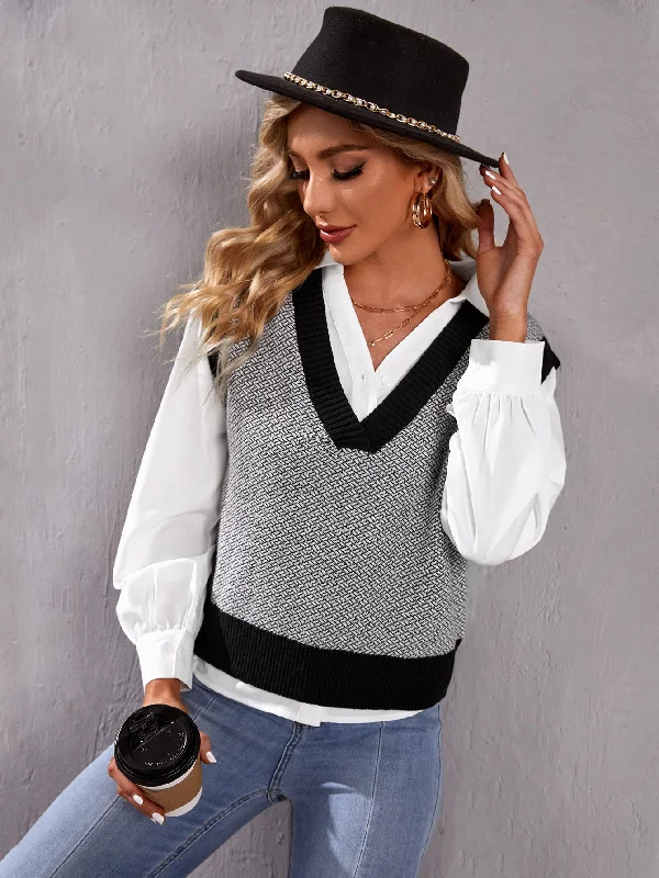 Casual Colorblock Sleeveless V Neck Regular Women Knit Top Bold Women's Animal Print