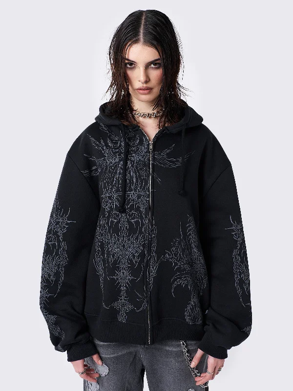 Enigmatic Black Oversized Zip Up Hoodie Traditional Women's Wool