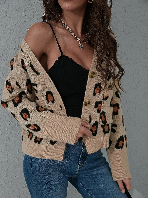 Casual Leopard Button Front Long Sleeve V Neck Regular Women Cardigan Compression