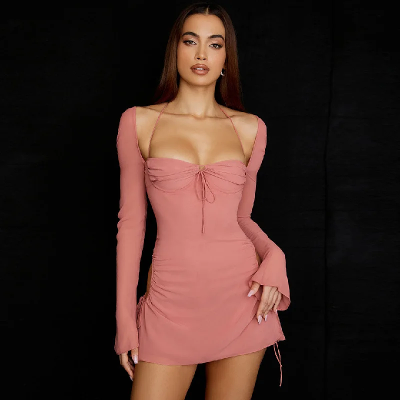BerryBetty - Halter Tie Strap Ruched Cut Out Club Mini Dress - Pink Hip Women's Urban