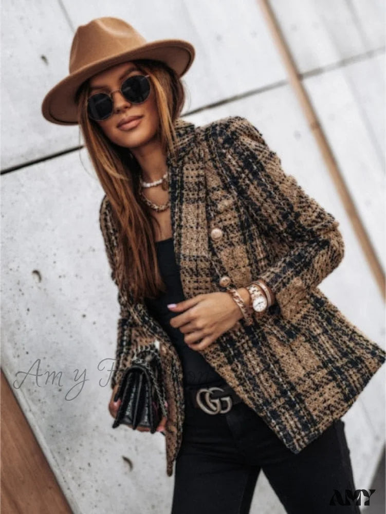 Amy Fashion - Lady Elegant Double-breasted Check Slim Long-sleeved Blazer Relaxed Women's Amy Fashion - Lady Elegant Double-breasted Check Slim Long-sleeved Blazer Relaxed Women's