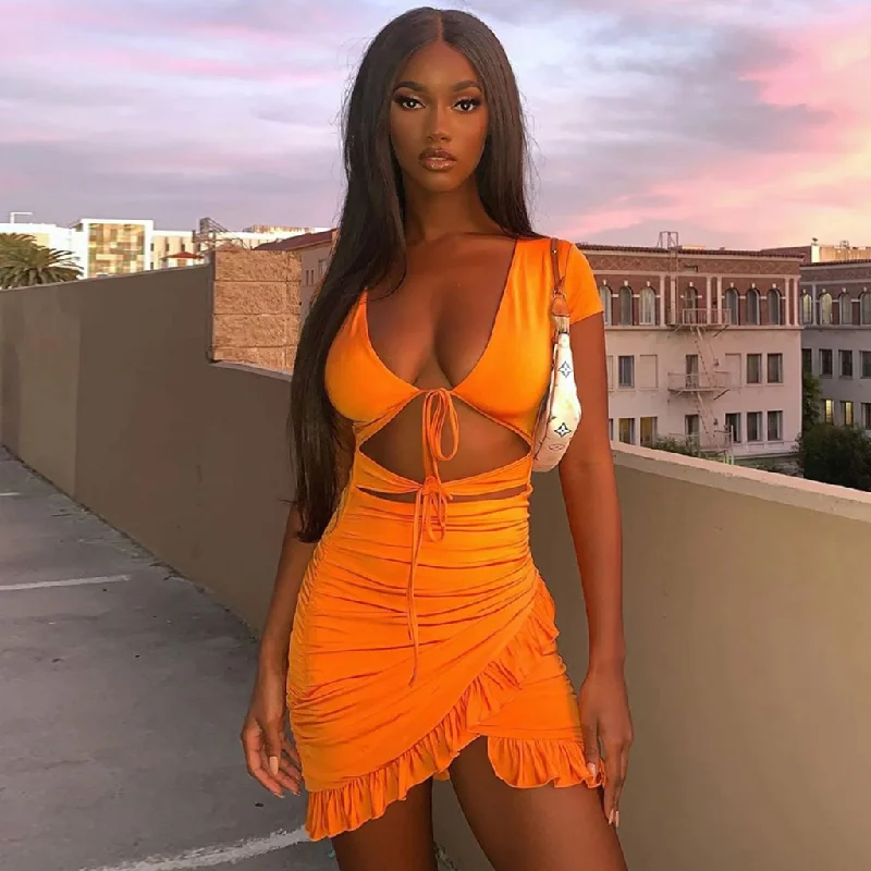BerryBetty - V Neck Floss Strap Ruched Bodycon Party Mini Dress - Orange Refined Women's Classic BerryBetty - V Neck Floss Strap Ruched Bodycon Party Mini Dress - Orange Refined Women's Classic