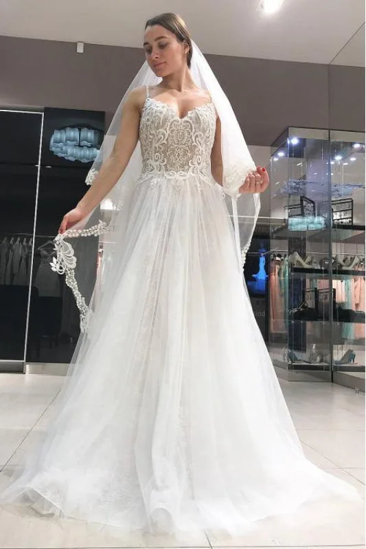 Spaghetti Strap Long Tulle with Lace Simple Backless Beach Wedding Dress Relaxed Women's 
