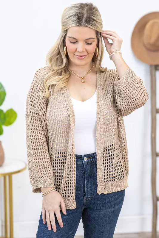 Taupe Crochet Open Cardigan With Lurex European
