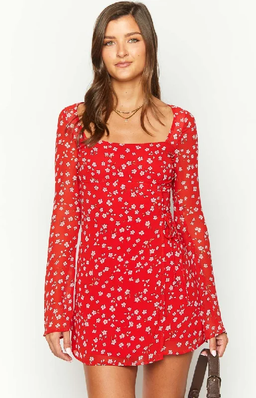 Goldie Red Floral Long Sleeve Mini Dress Vacation