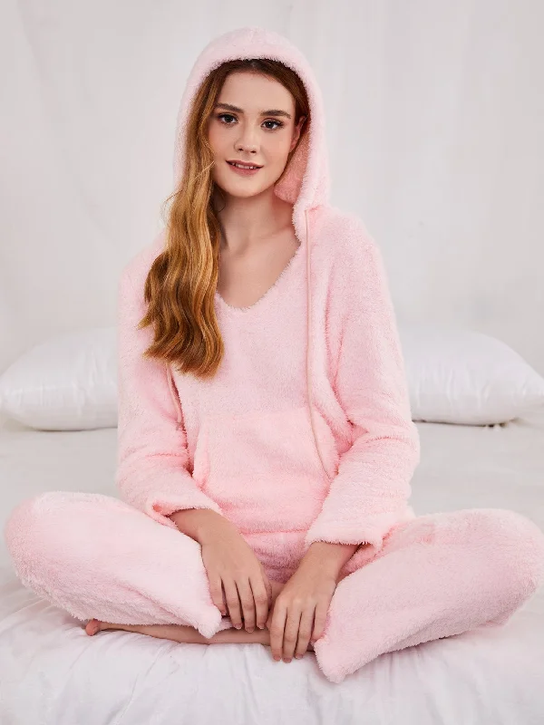 Casual Plain Pocket Long Sleeve Hooded Women Lounge Sets Feminine Women's Soft 