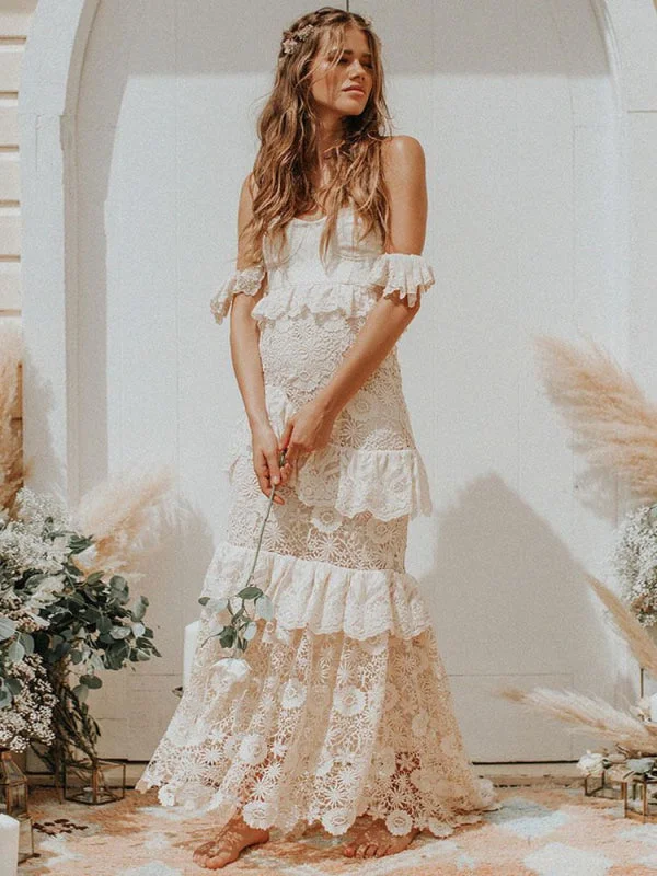 Boho Wedding Dress 2021 Off The Shoulder Floor Length Multilayer Lace Bridal Gowns French