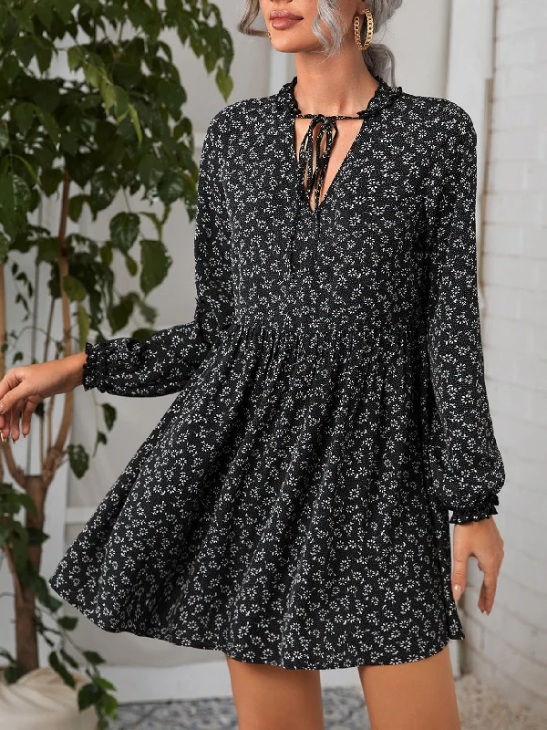 Ditsy Floral Frill Long Sleeve Tie Neck Flared High Waist Short Dress Sleek Women's Metallic Ditsy Floral Frill Long Sleeve Tie Neck Flared High Waist Short Dress Sleek Women's Metallic