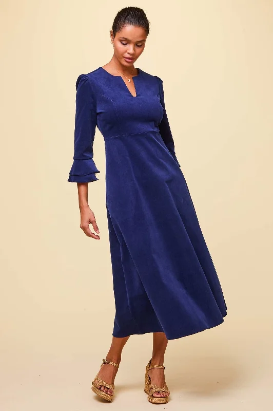 Jocelyn V-Neck 3/4 Sleeve Stretch Corduroy Dress | Atlantic Blue