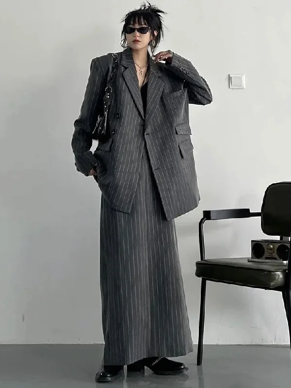 Gray Maxi Skirt Striped Oversized Women's Blazer Two Pieces Suit