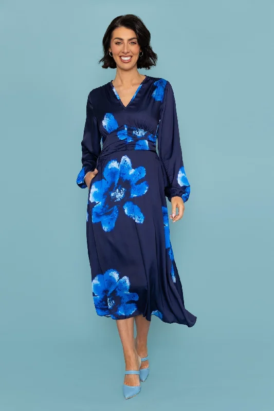 Long Sleeve Navy Print Alina Midi Dress Sporty Women's Athleisure 