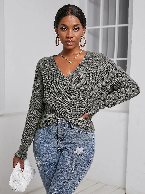 Casual Plain Criss Cross Long Sleeve V Neck Regular Women Sweater Practical Women's Quick - dry Casual Plain Criss Cross Long Sleeve V Neck Regular Women Sweater Practical Women's Quick - dry