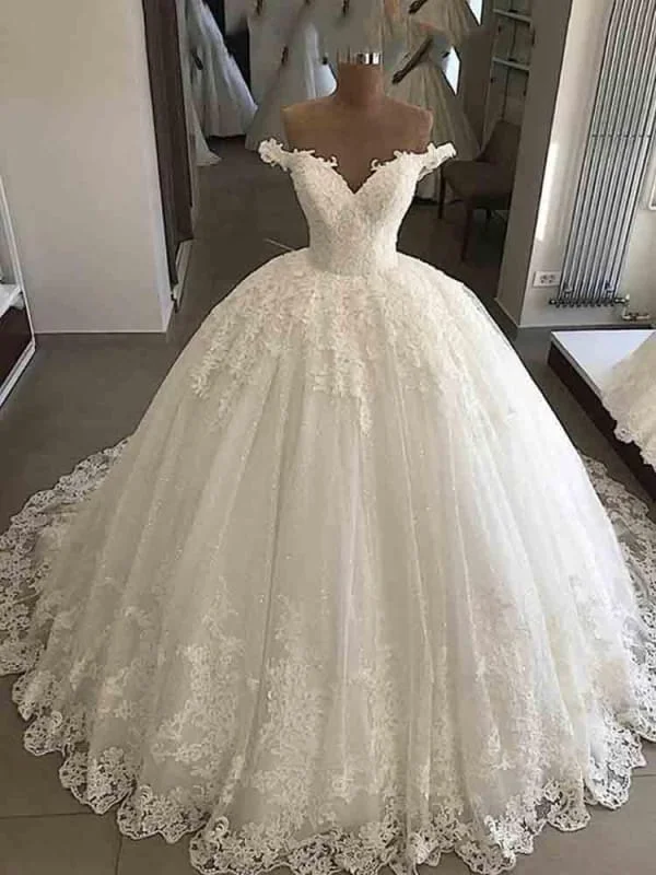 V-Neck Lace Sequins Ball Gown Wedding Dresses Cozy Women's Winter