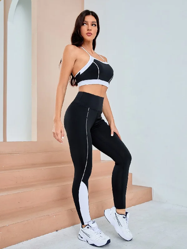 Colorblock Backless Sleeveless Halter Women Sports Sets Hip Women's Retro