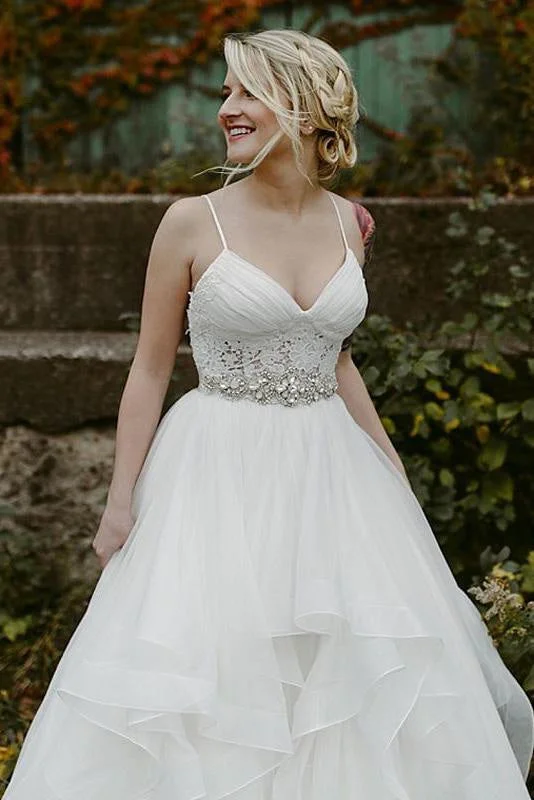 Charming Lace Ruffles Tulle Puffy Spaghetti Strap Beach Wedding Dress Modern Women's Tech