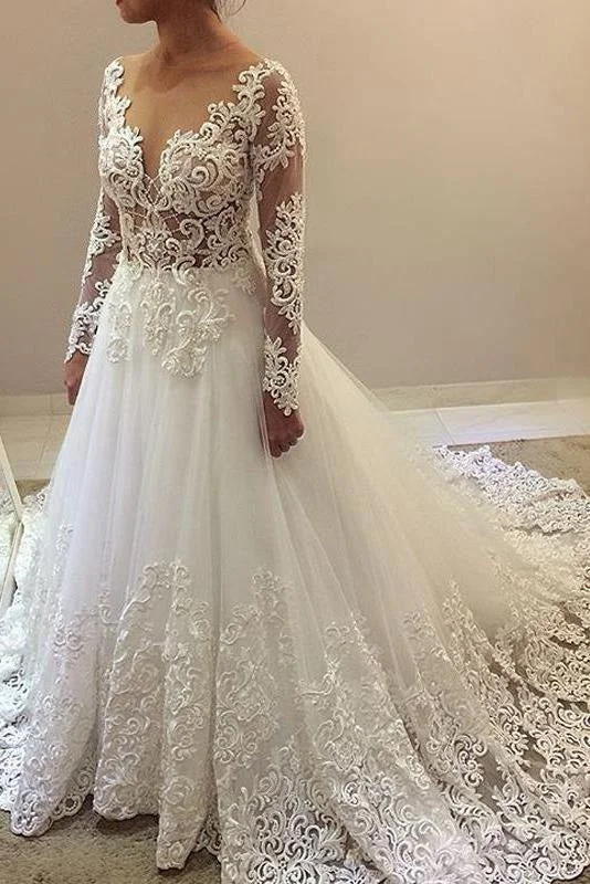 Elegant Beading Lace Long Sleeve Sheer Neck Ball Gown Wedding Dress Australian Beach