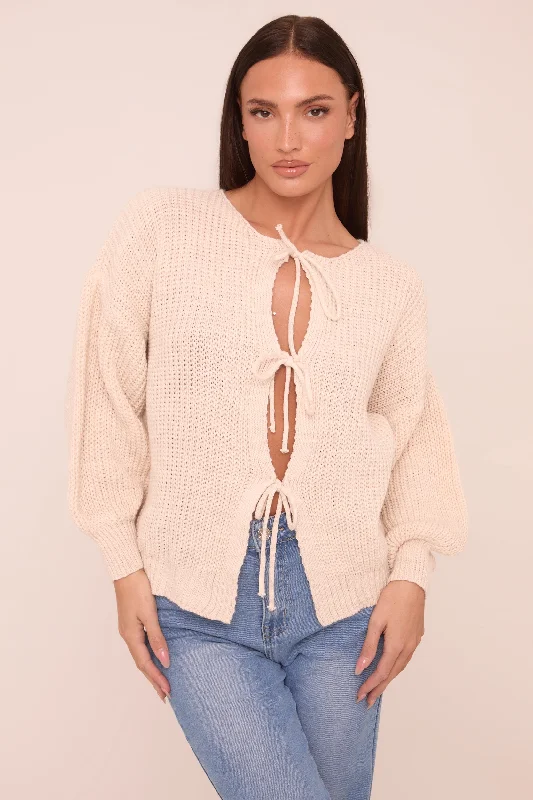 Beige Knit Tie Front Detail Long Sleeves Cardigan - Ava Youthful Women's Pop