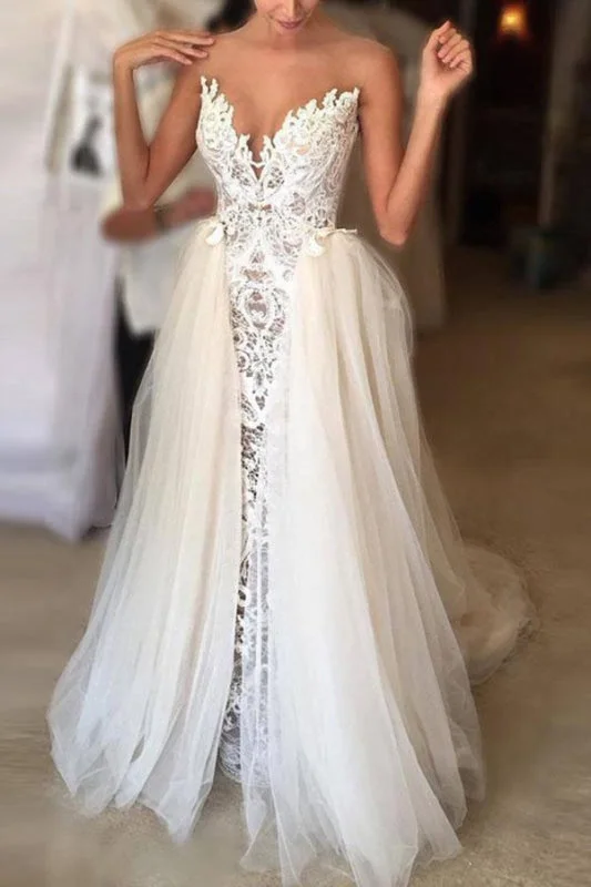 Ivory Sheer Neck Lace Gowns Tulle Vintage Special Wedding Dress Dynamic Women's High - energy