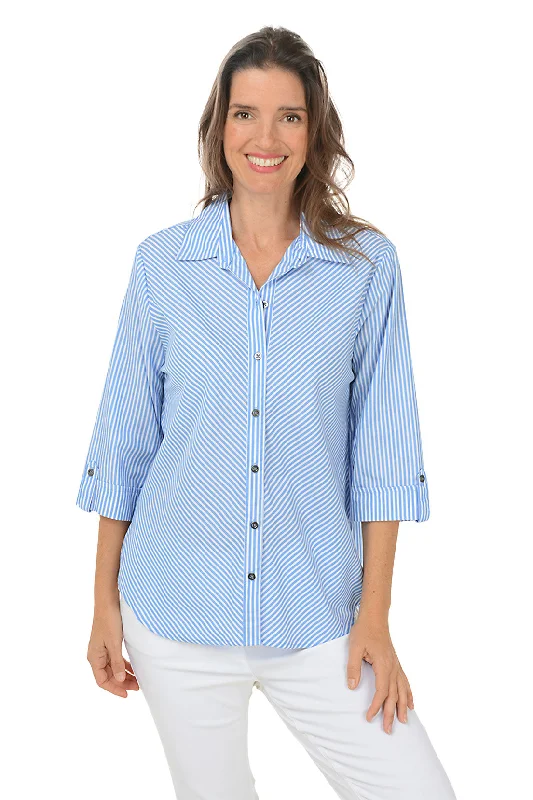 Pinstripe 3/4 Sleeve Button-Front Shirt Youthful Women's Anime - inspired