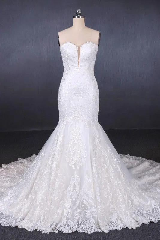 Sweetheart Long Strapless Mermaid Lace Wedding Dress Compression