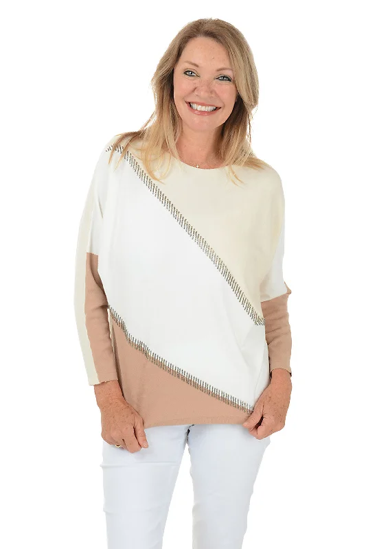 Neutral Beaded Colorblock Dolman Sleeve Sweater