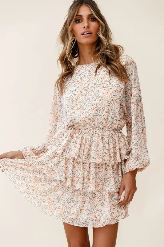 Odessa Long Sleeve Layered Ruffle Dress Floral Print Nude Youthful Women's Anime - inspired