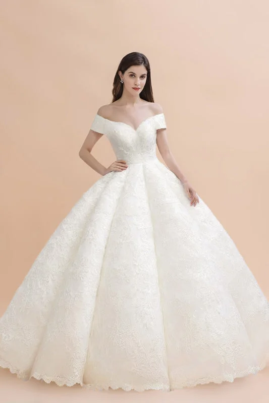 Gergrous Off The Shoulder Lace Beads Ball Gown Wedding Dress British Gentlewoman Style