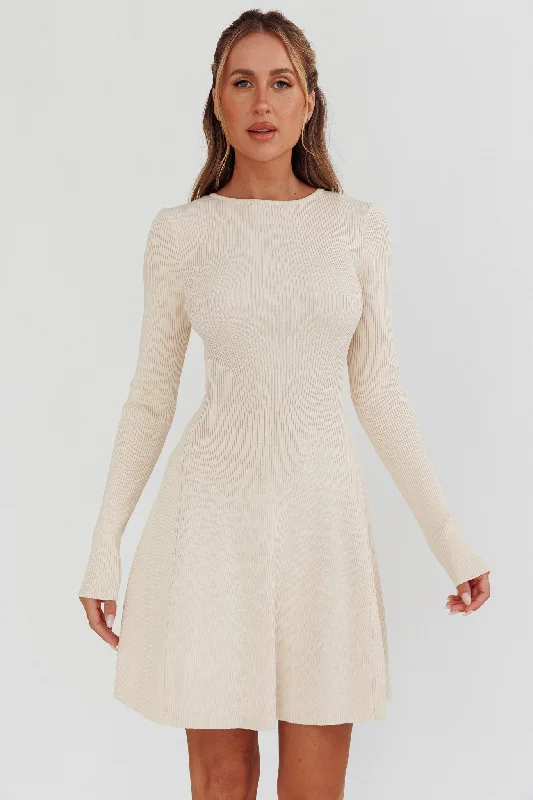 Intuitions Long Sleeve Ribbed Knit Dress Cream Feminine Women's Style 