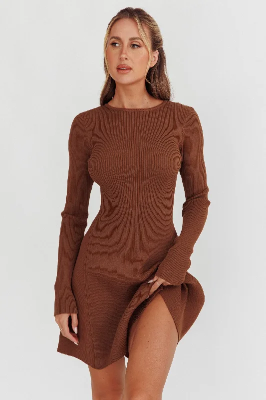 Intuitions Long Sleeve Ribbed Knit Dress Chocolate Monochromatic Office Style