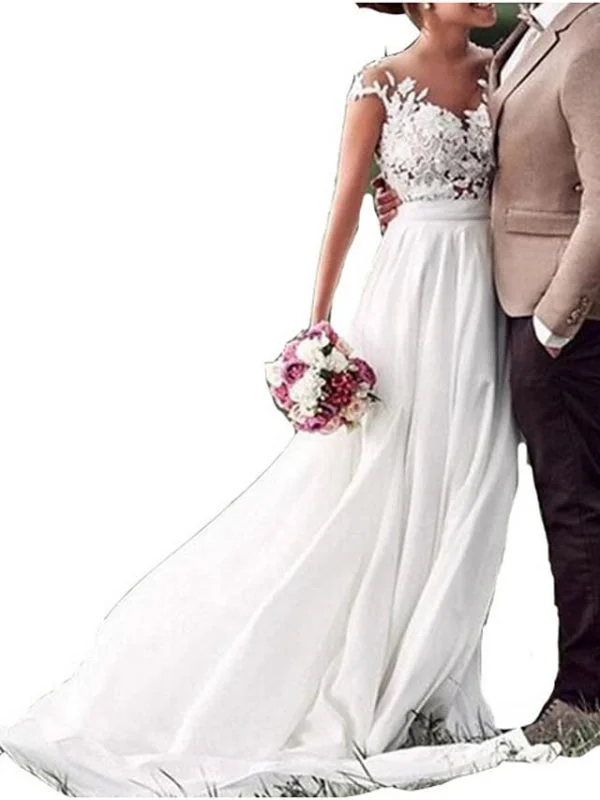 A-Line Wedding Dresses V Neck Sweep \ Brush Train Chiffon Lace Cap Sleeve