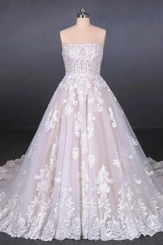 Puffy Strapless Tulle with Appliques Long Train Lace Up Wedding Dress Polished Women's Silk